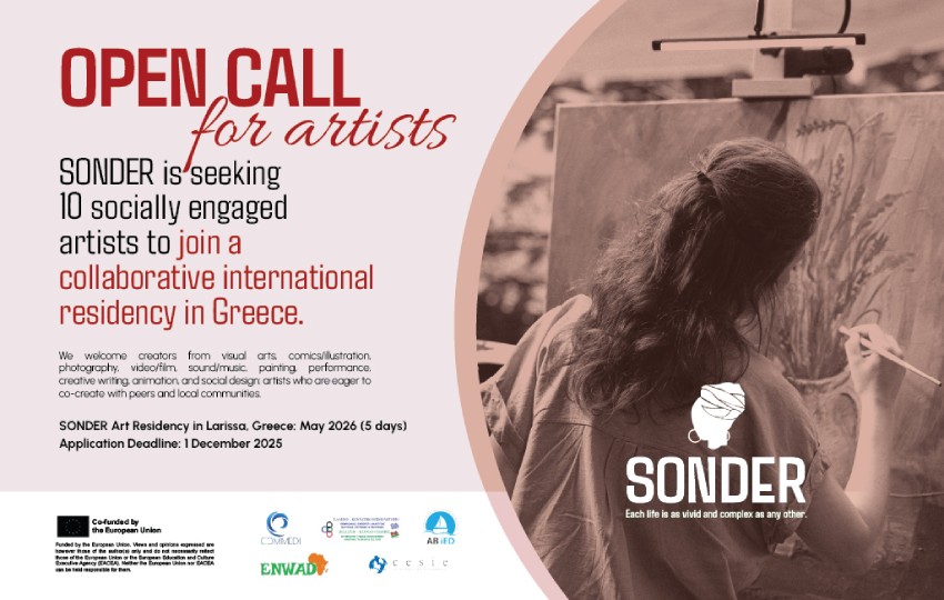 Informational poster for the SONDER Project, an international art residency in Larissa, Greece, May 2026. The poster describes a call for 10 socially engaged artists from across Europe to explore identity, belonging, and visibility through art. It highlights key dates application deadline December 1, 2025, announcement January 31, 2026, and residency in May 2026 and outlines eligibility, themes such as Afrophobia, diaspora, and intersectionality, and details on how to apply. The project is co-funded by the EU’s Citizens, Equality, Rights and Values (CERV) Programme and organized by partners from Greece, Italy, Cyprus, and Spain.